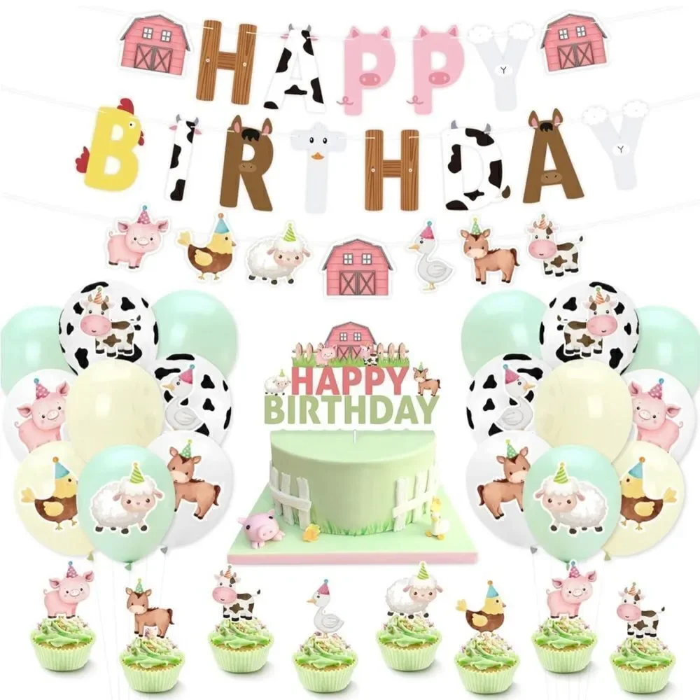 Farm Animals Birthday Party Barnyard Decor Banner Cake Topper Balloon Hat Pastel